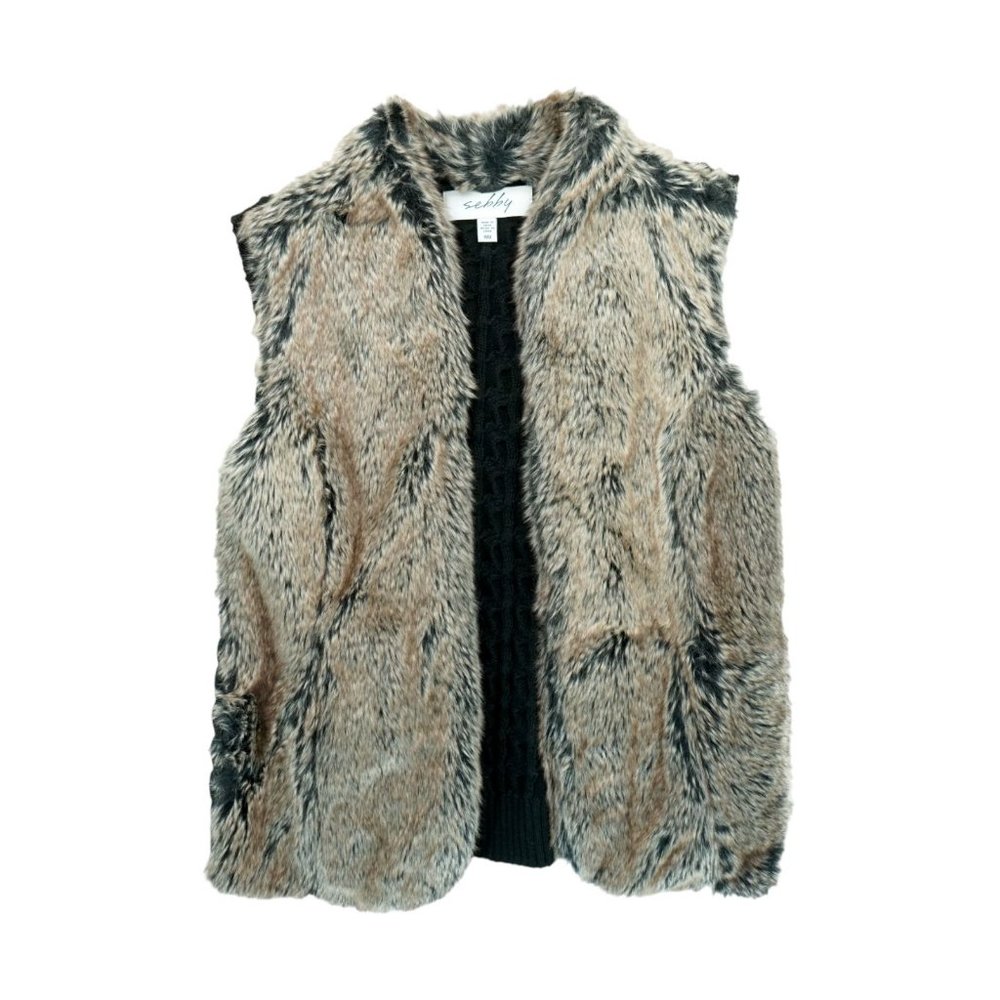 SEBBY Faux Fur Vest Women's SIZE M Black Back Knit Open Sleeveless